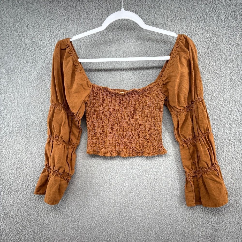Charlie Holiday Smocked Puff Sleeve Crop Top Rust Linen Blend Boho Size 6